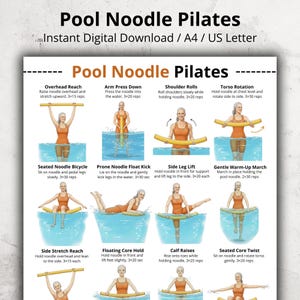 May include: A digital download titled "Pool Noodle Pilates" with exercise instructions. The image shows illustrations of various exercises using a pool noodle, including overhead reach, arm press down, and torso rotation. The exercises are demonstrated by a woman in an orange outfit.