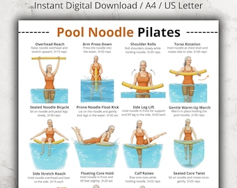 Pool Noodle Pilates Exercises Printable, Water Pilates and Aqua Exercises at Home, Pool Exercises for Beginners, No Equipment Water Workout