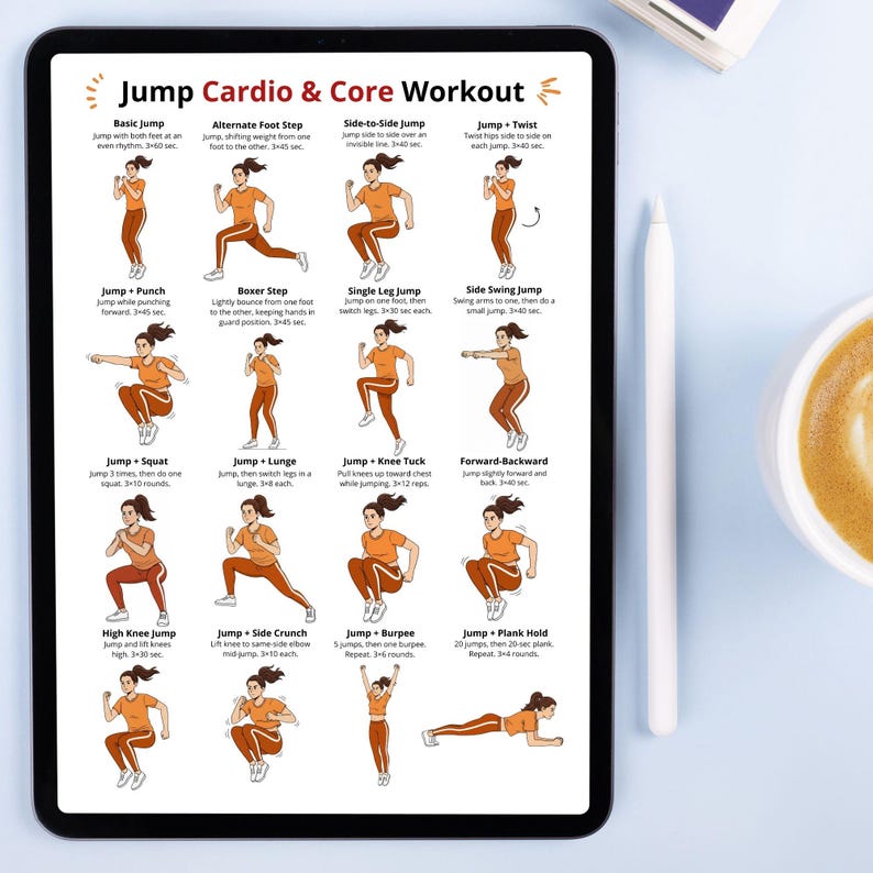 Jump Cardio and Core Workout Chart, Printable Jump Exercises Poster ...