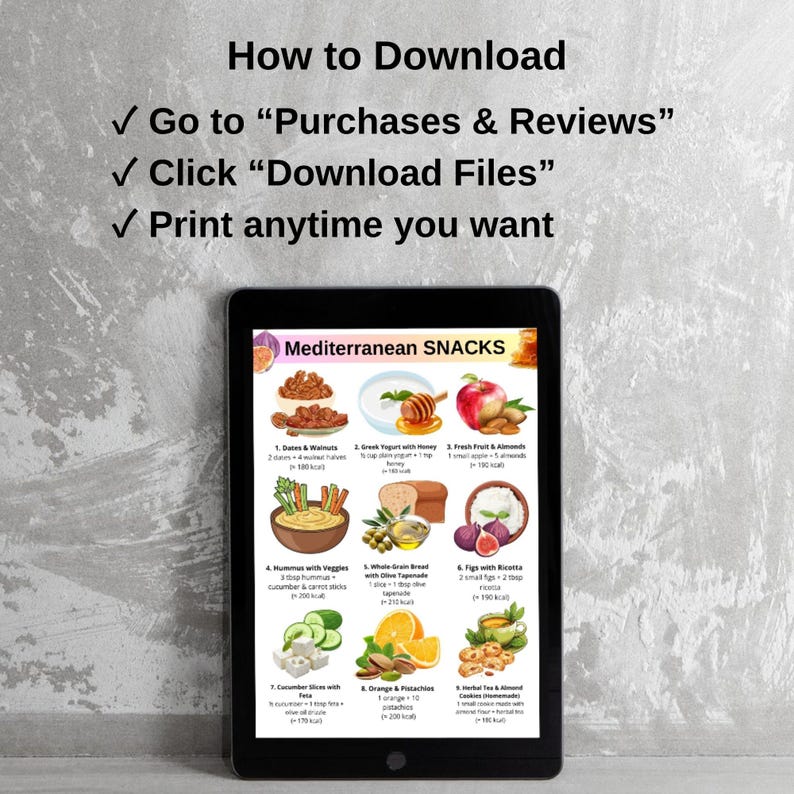 May include: A digital tablet displays a colorful infographic titled "Mediterranean SNACKS." The graphic showcases various healthy snack options, including dates, yogurt, fruit, hummus, whole-grain bread, figs, cucumber slices, oranges, and herbal tea. Instructions on how to download are at the top.