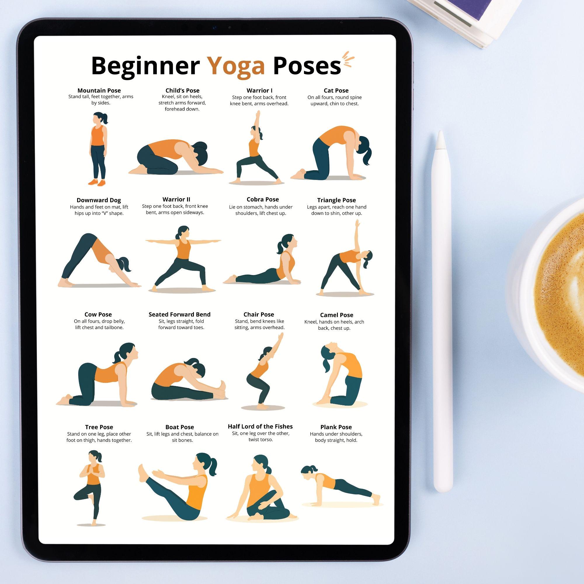 Yoga Poses Asanas Chart – Yoga Exercise Poster, Beginner Yoga Poses