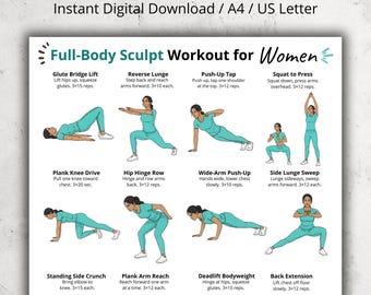 Rutina de ejercicios de cuerpo completo para mujeres (imprimible), póster de ejercicios con peso corporal, tabla ilustrada de ejercicios para hacer en casa, arte mural de ejercicios de cuerpo completo para fitness