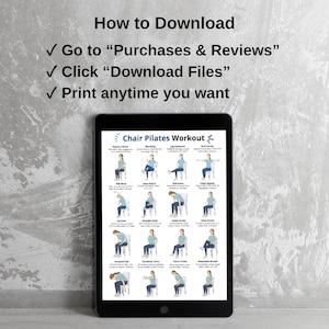 K&ouml;nnte beinhalten: Ein schwarzes Tablet zeigt einen "Chair Pilates Workout"-Leitfaden mit illustrierten &Uuml;bungen. Der Leitfaden enth&auml;lt Anweisungen f&uuml;r verschiedene &Uuml;bungen. &Uuml;ber dem Tablet steht der Text "How to Download" mit Download-Anweisungen.