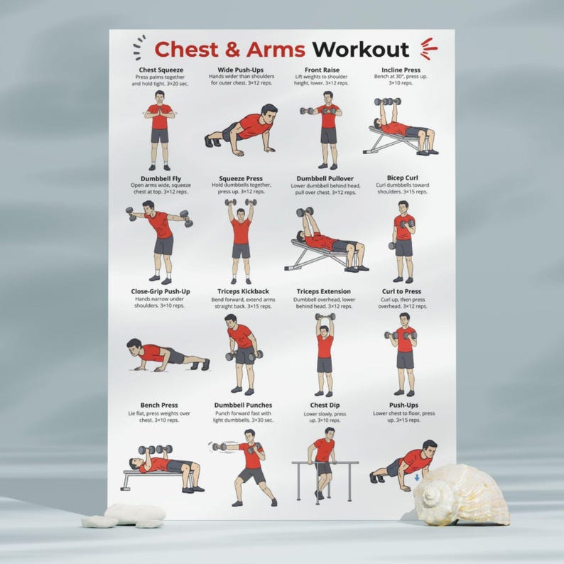 Chest and Arms Workout Poster, Upper Body Exercise Chart for Men and ...