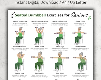 Sitzende Hantelübungen für Senioren | Chair Workout-Chart für ältere Erwachsene | PDF für Kurzhanteln mit geringen Belastungen | Hausübung zum Ausdrucken
