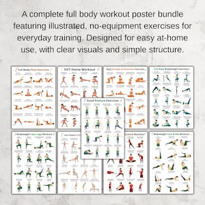 May include: A collection of workout posters featuring illustrated exercises. The posters include titles such as "Full Body Floor Exercises", "HIIT Home Workout", and "Bodyweight Core & Abs Workout". The text at the top reads "A complete full body workout poster bundle..."