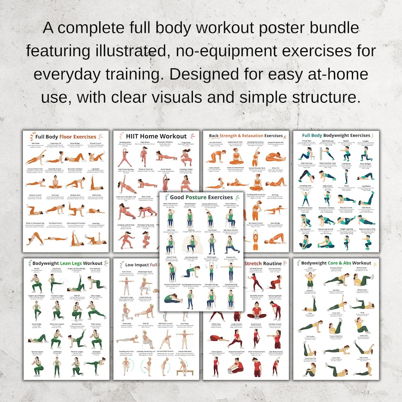 May include: A collection of workout posters featuring illustrated exercises. The posters include titles such as "Full Body Floor Exercises", "HIIT Home Workout", and "Bodyweight Core & Abs Workout". The text at the top reads "A complete full body workout poster bundle..."