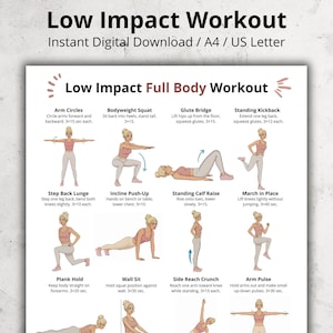 Peut inclure: Un guide d'entraînement imprimable intitulé "Low Impact Full Body Workout". La feuille blanche présente des exercices illustrés, notamment des cercles de bras, des squats et des fentes. Le texte en haut indique "Instant Digital Download / A4 / US Letter."