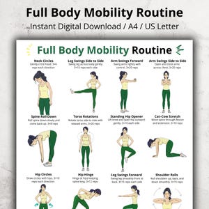 Puede incluir: Una descarga digital titulada "Full Body Mobility Routine" con ilustraciones de varios ejercicios. La rutina incluye círculos de cuello, balanceos de piernas, balanceos de brazos, giros de columna, rotaciones de torso, abridores de cadera, etc. Diseñado para A4 y US Letter.