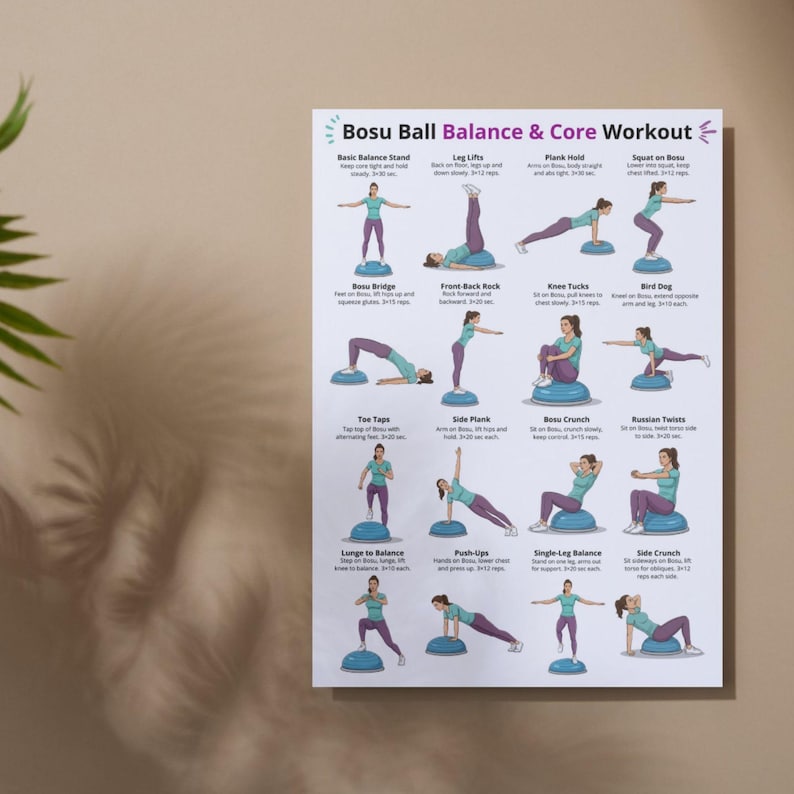 May include: A poster titled "Bosu Ball Balance & Core Workout" displays various exercises. The exercises include Basic Balance Stand, Leg Lifts, Plank Hold, Squat on Bosu, Bosu Bridge, Front-Back Rock, Knee Tucks, Bird Dog, Toe Taps, Side Plank, Bosu Crunch, Russian Twists, Lunge to Balance, Push-Ups, Single-Leg Balance, and Side Crunch.