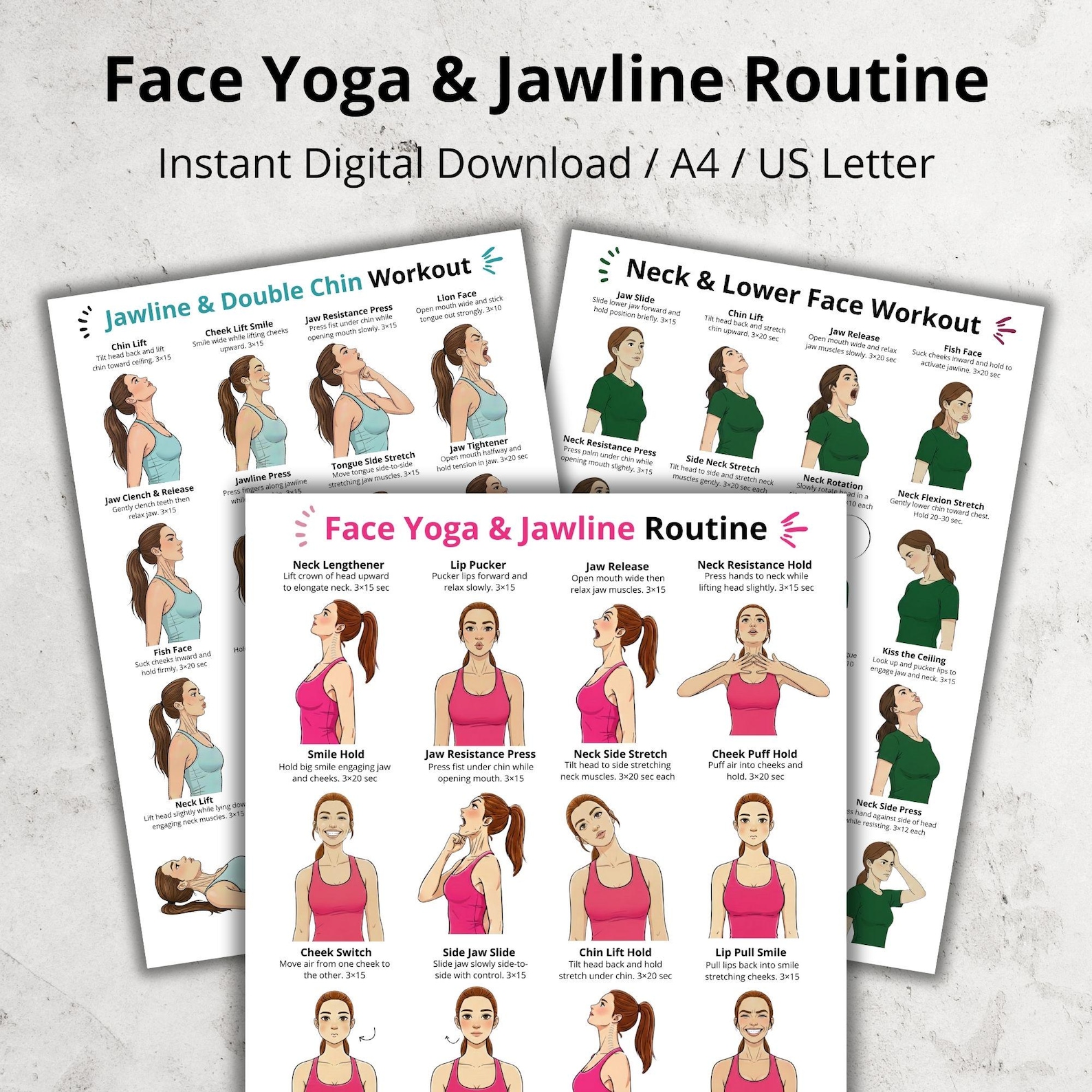 Face Yoga & Jawline Exercise Posters Set – Double Chin Exercises and ...