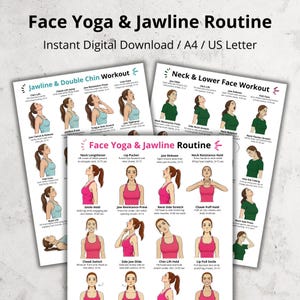 Puede incluir: Un conjunto de guías imprimibles para rutinas de yoga facial y mandíbula. Las guías presentan ilustraciones que demuestran varios ejercicios para la cara y el cuello, con instrucciones. El título "Face Yoga & Jawline Routine" se muestra en la parte superior.