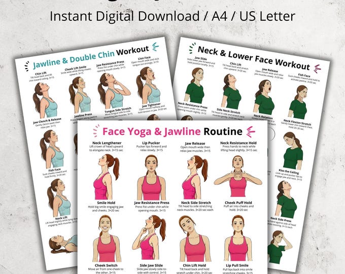 Face Exercise Routine Face Yoga & Jawline Exercise Posters Set β Double Chin Exercises and ...