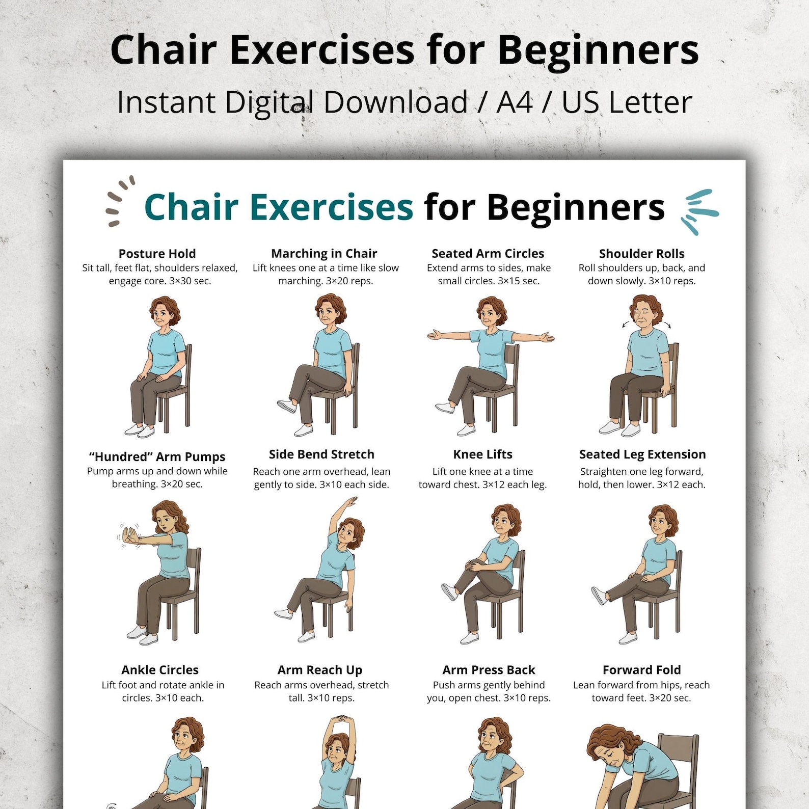 Chair Exercises for Beginners & Seniors, Seated Workout Chart Printable