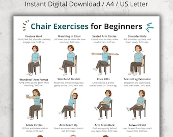 Chair Exercises for Beginners & Seniors, Seated Workout Chart Printable, Gentle Chair Fitness for Older Adults, No Equipment Exercise Poster