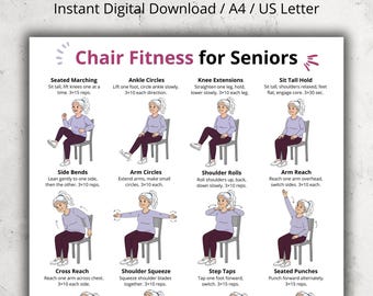 May include: A digital download titled "Chair Fitness for Seniors" with exercise illustrations. The exercises include seated marching, ankle circles, knee extensions, sit tall hold, side bends, arm circles, shoulder rolls, arm reach, cross reach, shoulder squeeze, step taps, and seated punches.