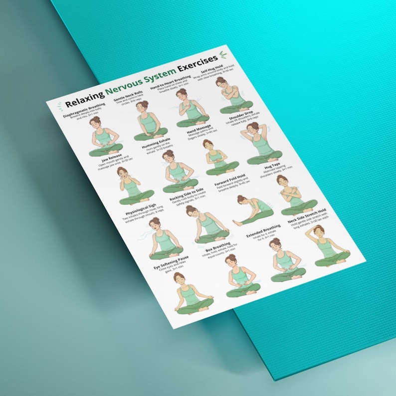May include: A white poster titled "Relaxing Nervous System Exercises" with illustrations of yoga poses. The illustrations depict people in various seated positions, demonstrating breathing techniques. The poster is on a teal surface.