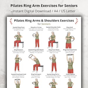 May include: A digital download showing Pilates ring arm and shoulder exercises for seniors. The illustrated guide includes exercises like ring circles, shoulder rolls, and overhead presses, with instructions for each movement. The exercises are designed to be done while seated.