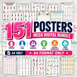 Könnte beinhalten: Ein digitales Paket mit 151 Fitness-Postern, die verschiedene Übungsroutinen wie Yoga, Tai-Chi und Krafttraining zeigen. Die Sammlung enthält Symbole für Frauen, Männer, Senioren und Kinder und ist ausschließlich im A4-Format verfügbar.