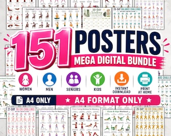 151 Fitness Posters Bundle, Printable Workout Charts, Women Men Seniors Kids, Yoga Chair Exercise, A4 Digital Download, Gym Wall Art