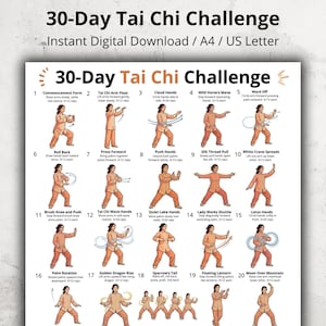 Könnte beinhalten: Digitaler Download "30-Tage Tai Chi Challenge" mit Illustrationen von Tai-Chi-Bewegungen. Der Leitfaden enthält 20 Übungen mit Anweisungen, ideal für Anfänger. Der Text ist schwarz und die Illustrationen orange.