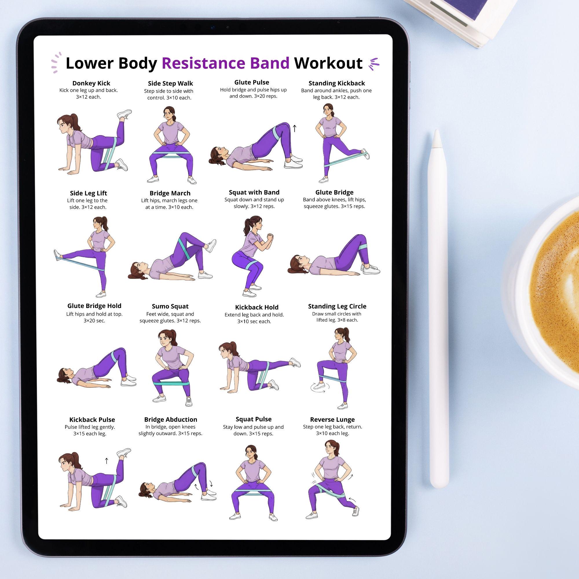Lower Body Resistance Band Workout Poster, Glute and Leg Exercise Chart ...
