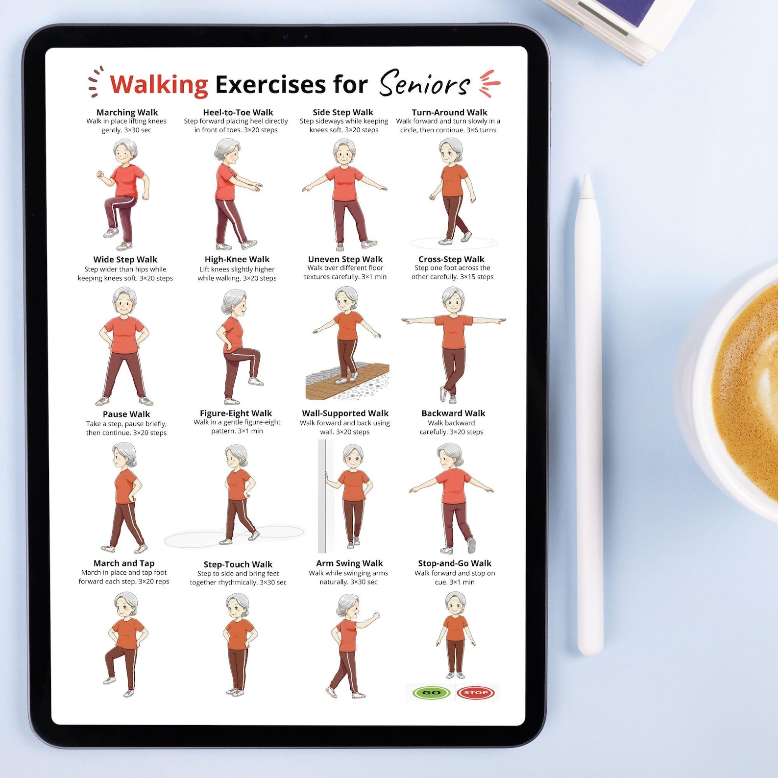 Walking Exercises for Seniors Printable Chart, Indoor Low Impact Home ...
