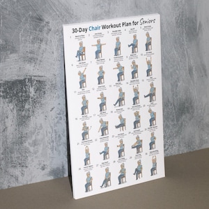 Puede incluir: Un p&oacute;ster blanco titulado "Plan de entrenamiento en silla de 30 d&iacute;as para personas mayores" con ilustraciones de ejercicios. El p&oacute;ster presenta una serie de ejercicios dise&ntilde;ados para personas mayores, cada uno de ellos demostrado por una persona sentada en una silla.