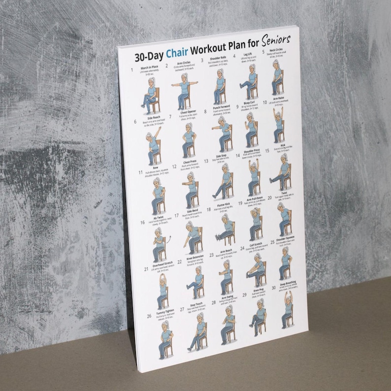 Puede incluir: Un p&oacute;ster blanco titulado "Plan de entrenamiento en silla de 30 d&iacute;as para personas mayores" con ilustraciones de ejercicios. El p&oacute;ster presenta una serie de ejercicios dise&ntilde;ados para personas mayores, cada uno de ellos demostrado por una persona sentada en una silla.