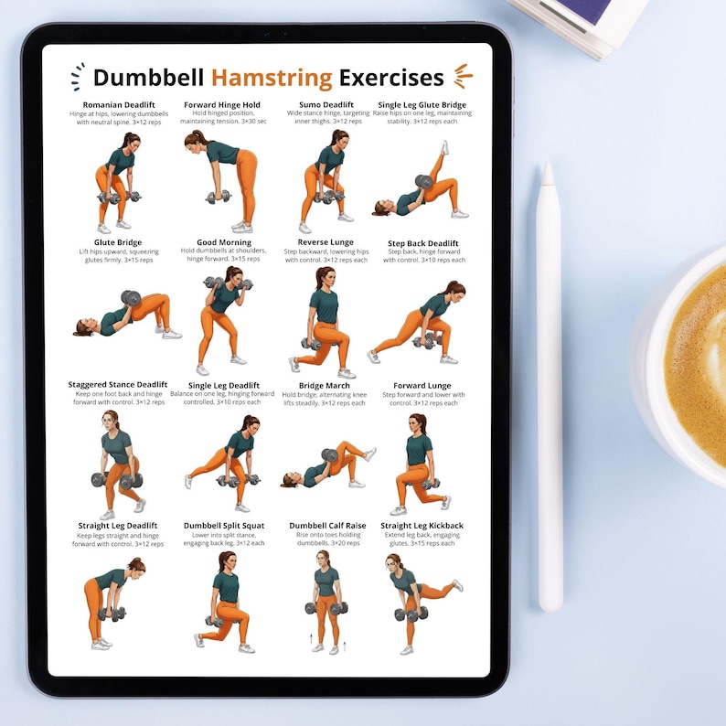Dumbbell Hamstring Exercises Poster PDF, Hamstring Workout Chart ...