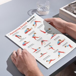May include: A white paper titled "Hamstring Stretch Routine" with illustrations of various hamstring stretches. The paper is held by a person. A glass of water and a stack of books are in the background.