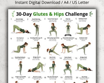 30 Day Glutes & Hips Challenge Poster, Lower Body Exercise Chart, Home Workout Printable, Leg and Hip Exercises PDF, Instant Download