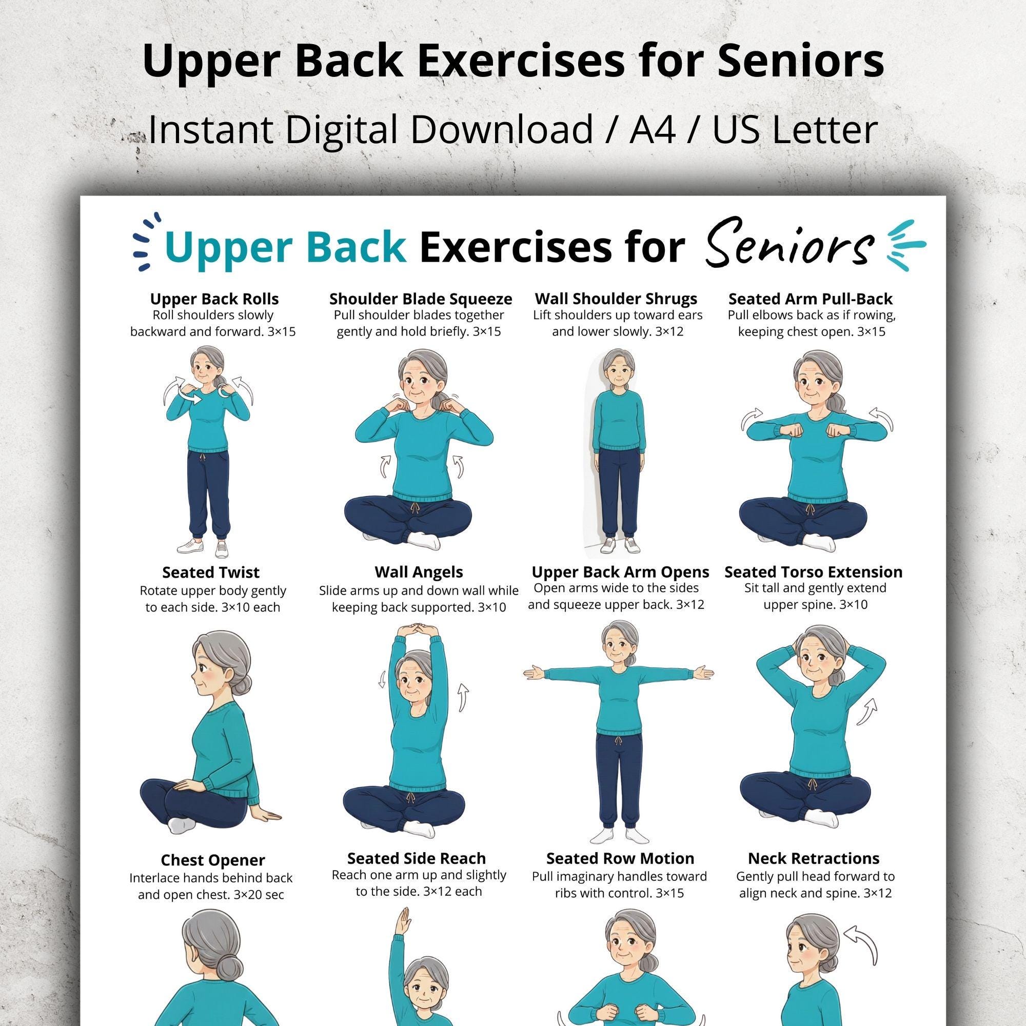 Upper Back Exercises for Seniors Poster, Seated Upper Back Workout