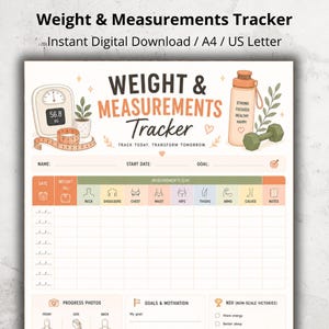 Könnte beinhalten: Ein digitales Weight & Measurements Tracker Dokument mit einer Waage, einem Maßband, einer Trinkflasche und einer Hantel. Die Überschrift lautet Weight & Measurements Tracker, Track Today, Transform Tomorrow. Es enthält Bereiche für Name, Datum, Ziel, Körpermaße, Fortschrittsfotos und Erfolge ohne Waage.