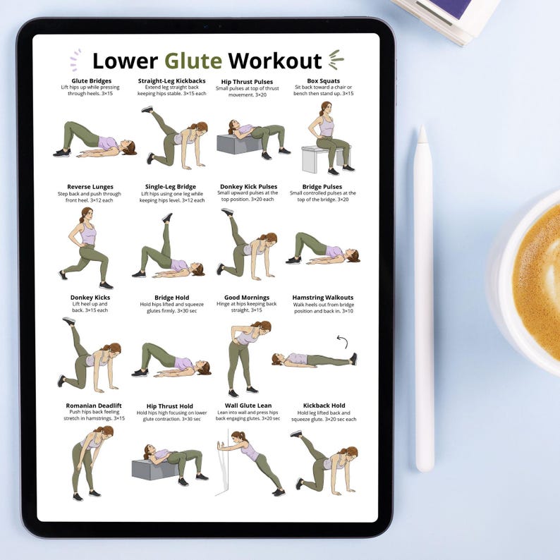 May include: A digital tablet displays a "Lower Glute Workout" guide with illustrated exercises. The guide includes exercises like glute bridges, kickbacks, and squats, with instructions. A white stylus and a cup of coffee are visible.