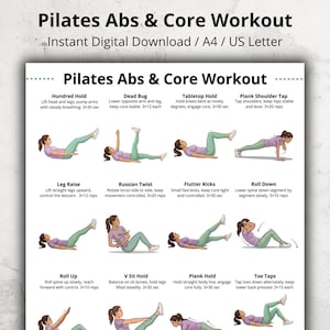 Könnte beinhalten: Digitaler Download "Pilates Abs & Core Workout" mit illustrierten Übungsanleitungen. Die Übungen umfassen Hundred Hold, Dead Bug, Tabletop Hold, Plank Shoulder Tap, Leg Raise, Russian Twist, Flutter Kicks, Roll Down, Roll Up, V Sit Hold, Plank Hold und Toe Taps.