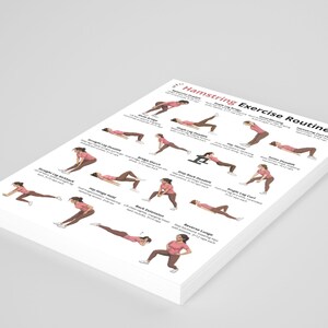 Puede incluir: Una pila de hojas de papel blancas con una gu&iacute;a de "Rutina de ejercicios de isquiotibiales". La gu&iacute;a incluye ilustraciones de varios ejercicios, como peso muerto, puentes y zancadas, con instrucciones. Las ilustraciones muestran personas con tops rosas y pantalones marrones.