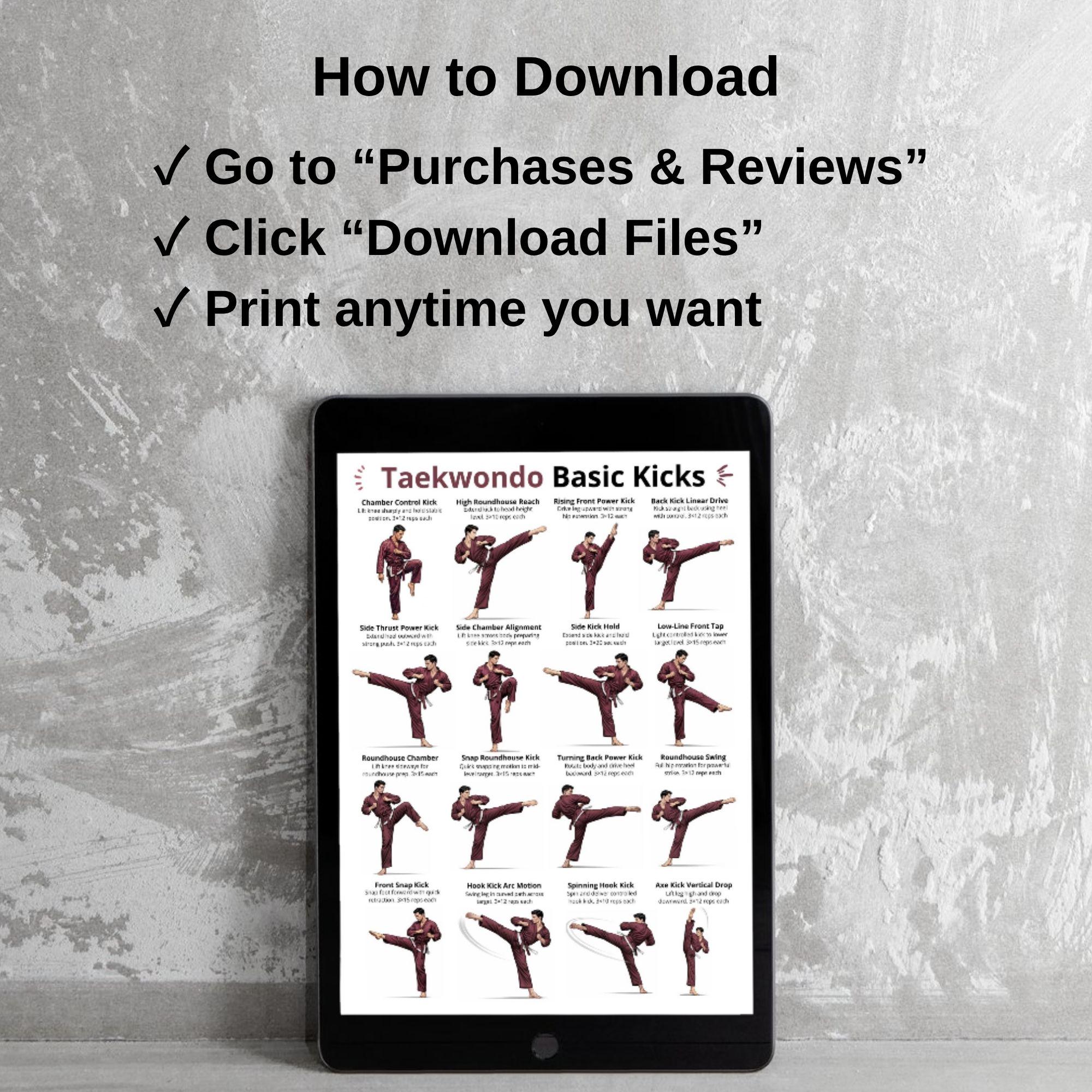 Taekwondo Basic Kicks Printable PDF, Martial Arts Kick Techniques Chart ...