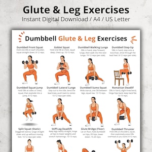 Dumbbell Glutes & Legs Workout Poster | Home Beginner Dumbbell Exercises | 16 Lower Body Exercises Chart PDF | Home Gym Fitness Wall Art