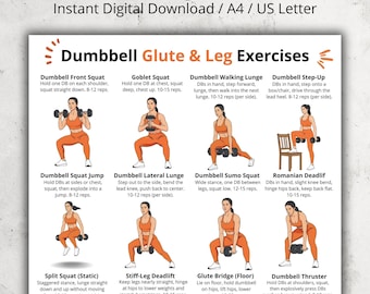 Dumbbell Glutes & Legs Workout Poster | Home Beginner Dumbbell Exercises | 16 Lower Body Exercises Chart PDF | Home Gym Fitness Wall Art