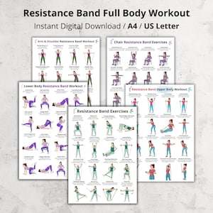 Pode incluir: Guias de treino digital para exercícios com bandas de resistência. Os guias incluem exercícios para todo o corpo, incluindo braços, ombros, parte inferior e superior do corpo. O texto no topo diz "Resistance Band Full Body Workout".