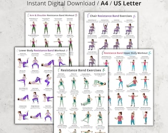Póster de ejercicios con bandas de resistencia: ejercicios para la parte superior e inferior del cuerpo, en silla y para todo el cuerpo, para brazos, piernas, espalda y postura.