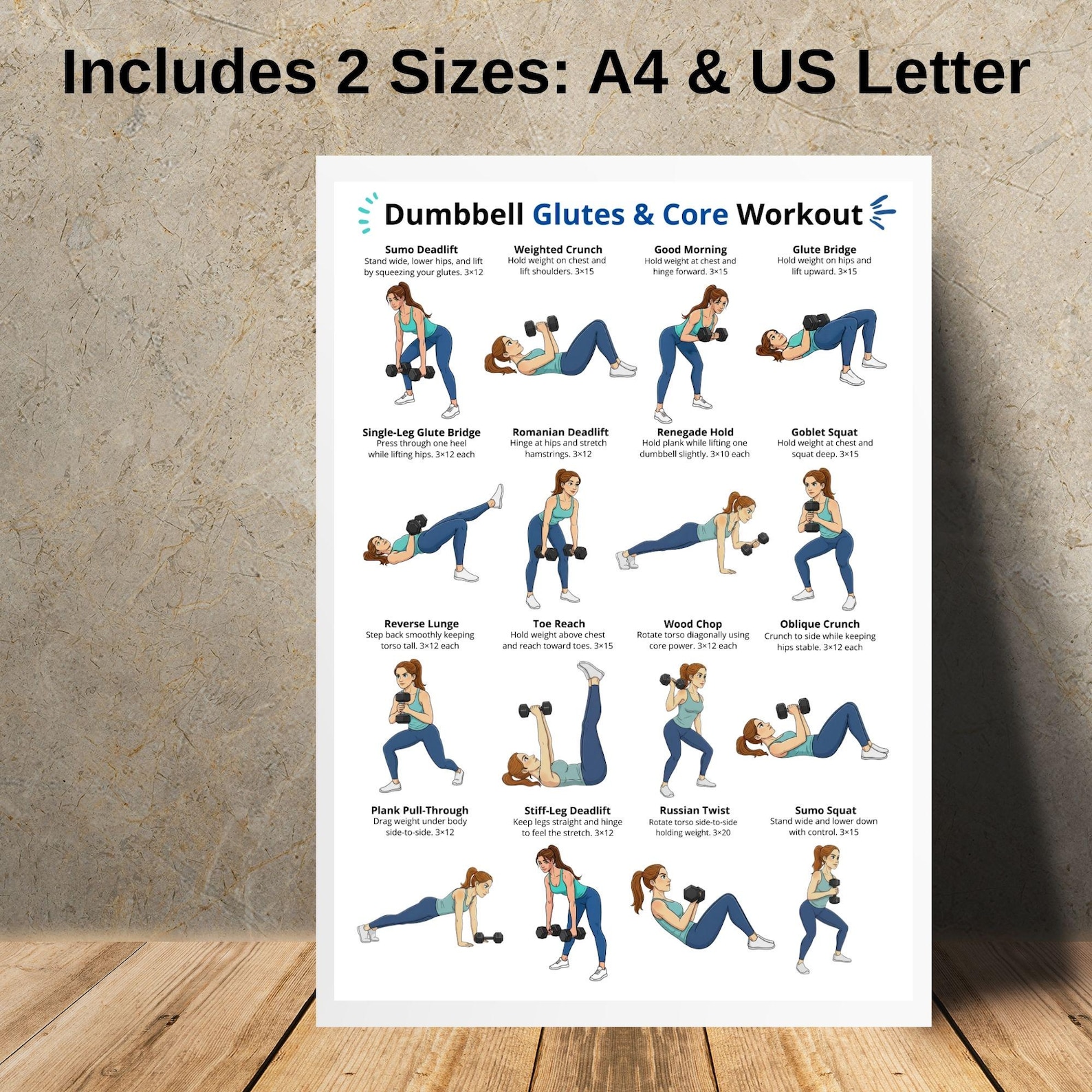 Excercise Chart Core Dumbbell Glutes & Core Workout Poster, Glute Exercise Chart, Core ...