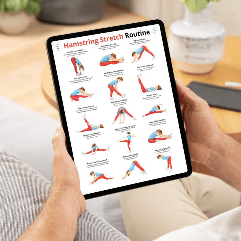 May include: A black tablet displays a "Hamstring Stretch Routine" guide. The guide features illustrations of various stretches, with figures in red and blue attire. The tablet is held by a person, with a blurred background.