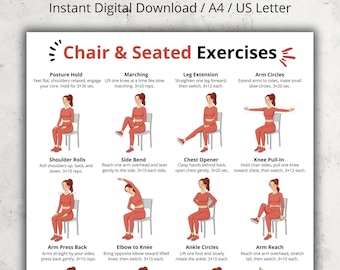 Chair & Seated Exercises Printable | Low Impact Chair Workout Chart for Seniors and Beginners | Easy Chair Home Exercise Fitness Poster PDF