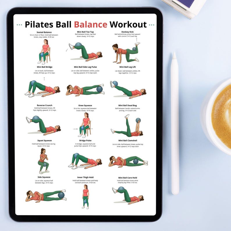 May include: A digital tablet displays a Pilates Ball Balance Workout guide. The guide features illustrated exercises with instructions, including Seated Balance, Mini Ball Toe Tap, and Donkey Kick. The tablet is on a white surface, next to a pen and a cup of coffee.