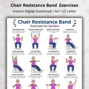 May include: A printable exercise chart for chair resistance band exercises. The chart includes illustrations and instructions for various exercises, such as seated bicep curls, shoulder press, and front raises. The text reads "Chair Resistance Band Exercises for Seniors."