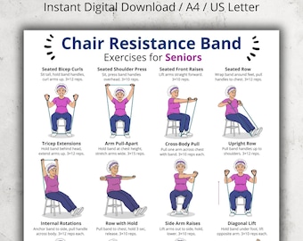 May include: A printable exercise chart for chair resistance band exercises. The chart includes illustrations and instructions for various exercises, such as seated bicep curls, shoulder press, and front raises. The text reads "Chair Resistance Band Exercises for Seniors."