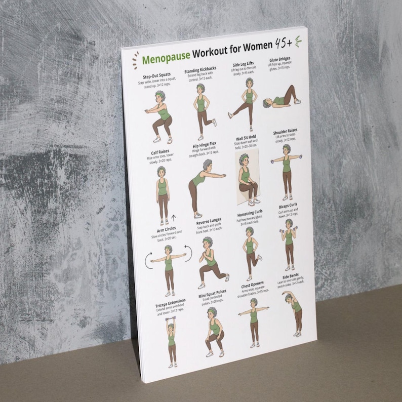 Puede incluir: Un p&oacute;ster blanco titulado "Menopause Workout for Women 45+" contra una pared gris. El p&oacute;ster presenta ejercicios ilustrados, incluyendo sentadillas, patadas de pie, elevaciones laterales y c&iacute;rculos de brazos. El p&oacute;ster est&aacute; dise&ntilde;ado para guiar a las mujeres.