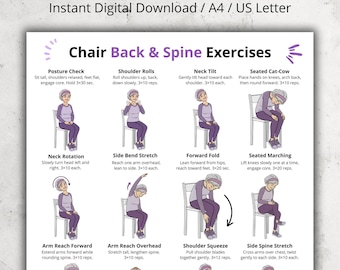 May include: A printable guide titled "Chair Back & Spine Exercises" with illustrations of exercises. The exercises include posture check, shoulder rolls, neck tilt, seated cat-cow, neck rotation, side bend stretch, forward fold, and seated marching.